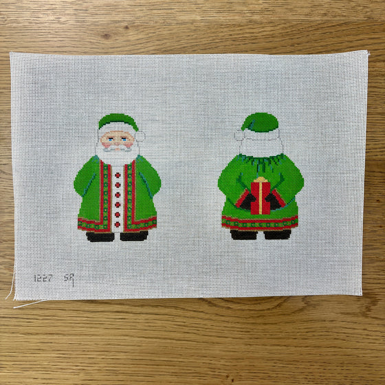 Green Coat Santa with Present, 2 Sided - 18 mesh