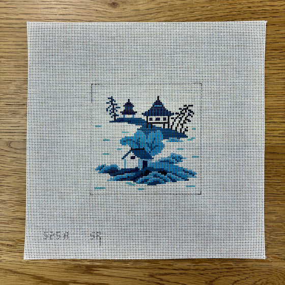 Asian Islands, 3 Houses, Blue, 4" x 4"