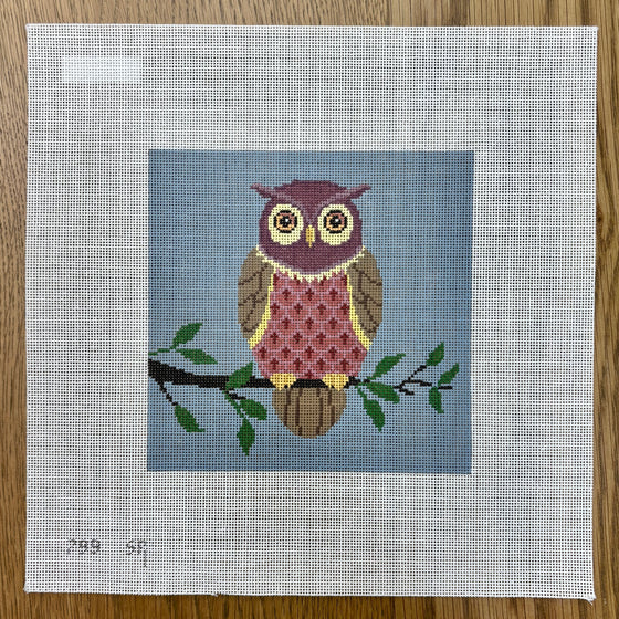 Owl On Tree Branch, 6" Square - 18 mesh