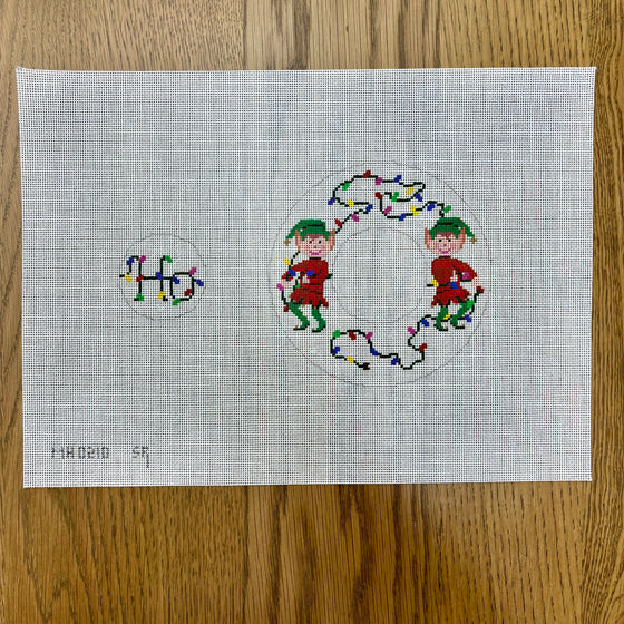 Elves and Lights, Circular Dangler Ornament - 18 mesh