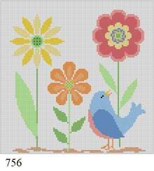  Flower Trio with Bird, 6" Square - 18 mesh