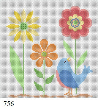 Flower Trio with Bird, 6" Square - 18 mesh