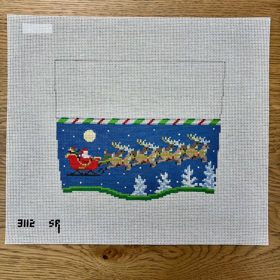 Stocking Cuff, Sleigh, 8 Reindeer at Night