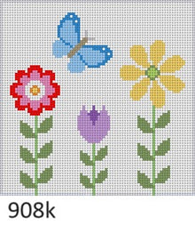  Flowers and Butterfly, 6" Square - 13 mesh