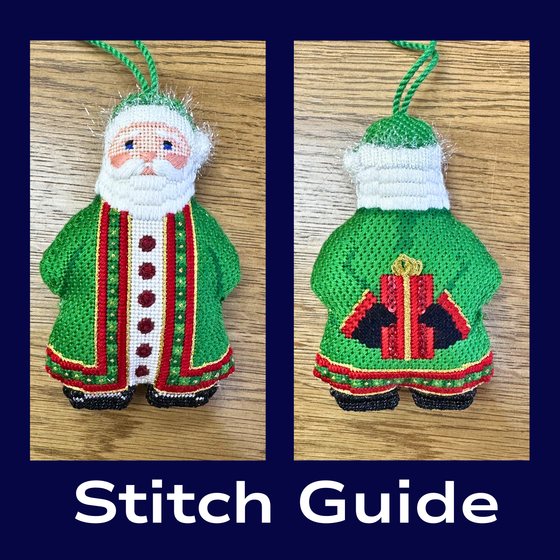 Stitch Guide - Green Coat Santa with Present, 2 Sided  - 18 mesh